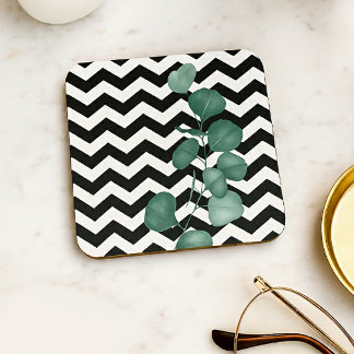 Watercolor Eucalyptus Black White Chevron Coaster