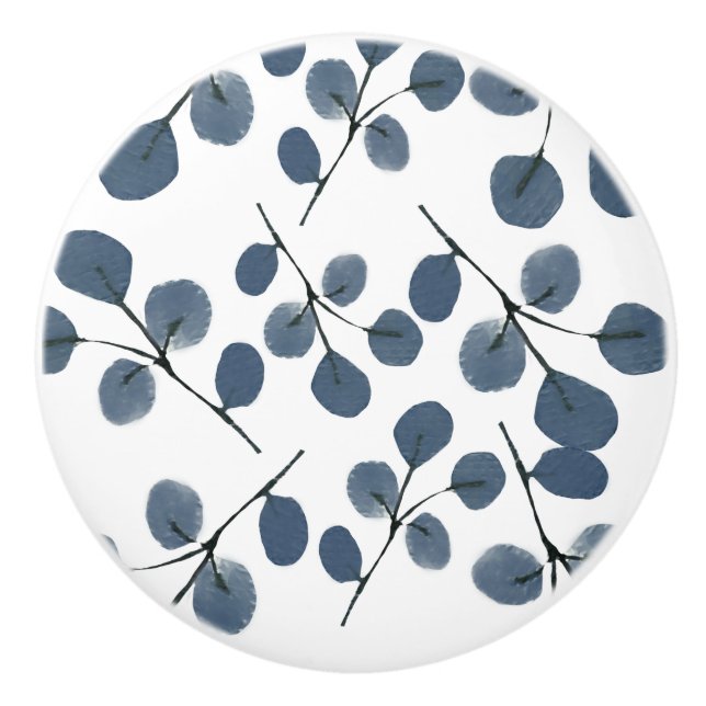 Watercolor Eucalyptus Blue Botanical Hand Painted  Ceramic Knob (Front)