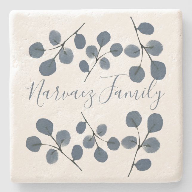 Watercolor Eucalyptus Blue Botanical Hand Painted  Stone Coaster (Front)