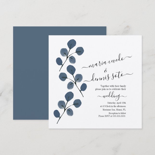 Watercolor Eucalyptus Blue Elegant Script Wedding Invitation (Front/Back)
