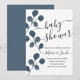 Watercolor Eucalyptus Blue Script Baby Shower Invitation