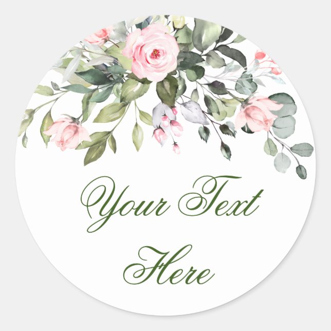 Watercolor Eucalyptus Blush Pink Roses Greenery Classic Round Sticker (Front)