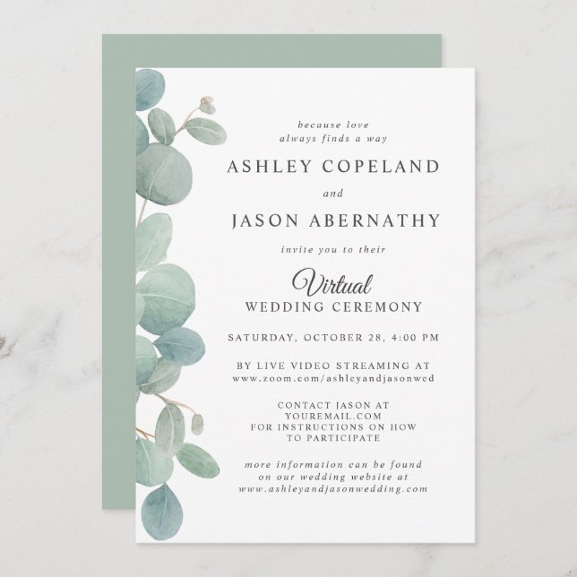 Watercolor Eucalyptus Border Virtual Wedding Invitation (Front/Back)