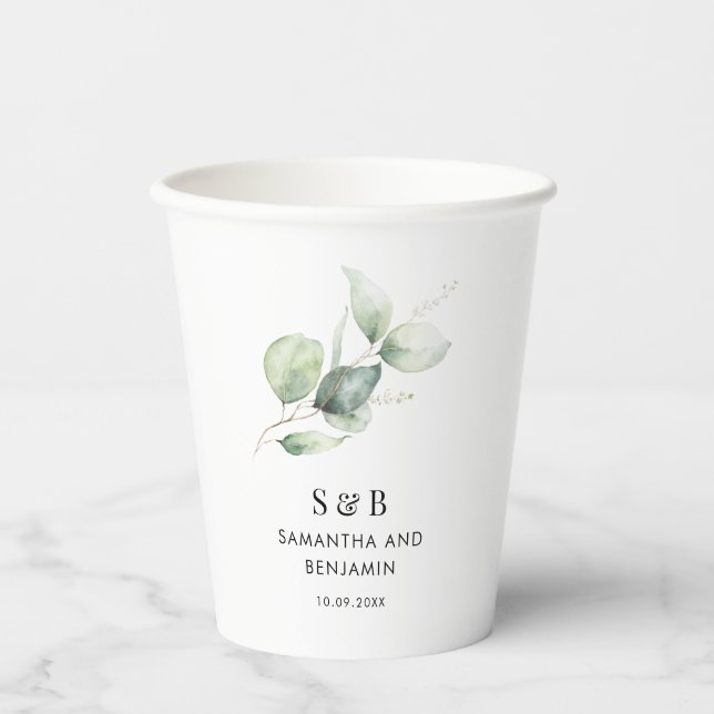Watercolor Eucalyptus Botanical Wedding Paper Cups (Front)