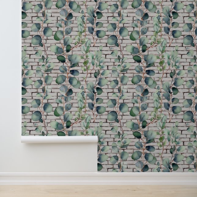 Watercolor Eucalyptus Bricks Green Leaves Branches Wallpaper (Application)