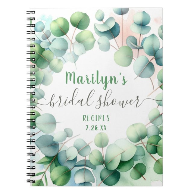 Watercolor Eucalyptus Bridal Shower Custom Notebook (Front)