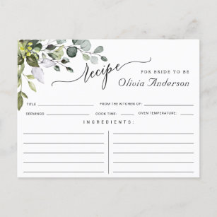 Watercolor Eucalyptus Bridal Shower Recipe Card