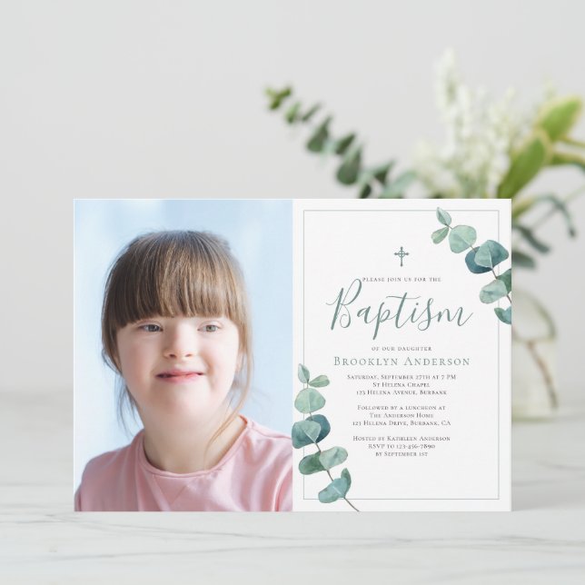Watercolor Eucalyptus Cross Photo Baptism Invitation (Standing Front)