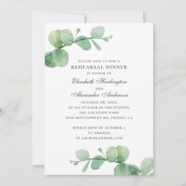 Watercolor eucalyptus elegant rehearsal dinner invitation (Front)