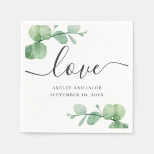 Watercolor eucalyptus. Elegant script wedding Napkin