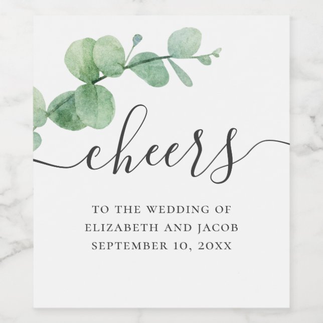 Watercolor eucalyptus. Elegant script wedding Wine Label (Single Label)