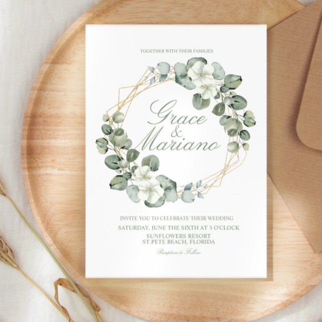 Watercolor Eucalyptus Faux Gold Wreath Wedding Invitation (Creator Uploaded)