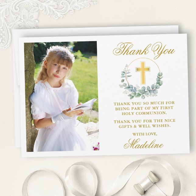 Watercolor Eucalyptus First Communion Gold Thank You Card (Customize to add text or more photos to back of card.)