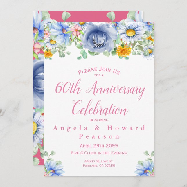 Watercolor Eucalyptus Floral 60th Anniversary Invitation (Front/Back)