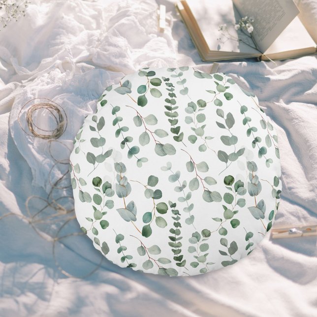 Watercolor Eucalyptus Floral Pattern Round Cushion (In situ)