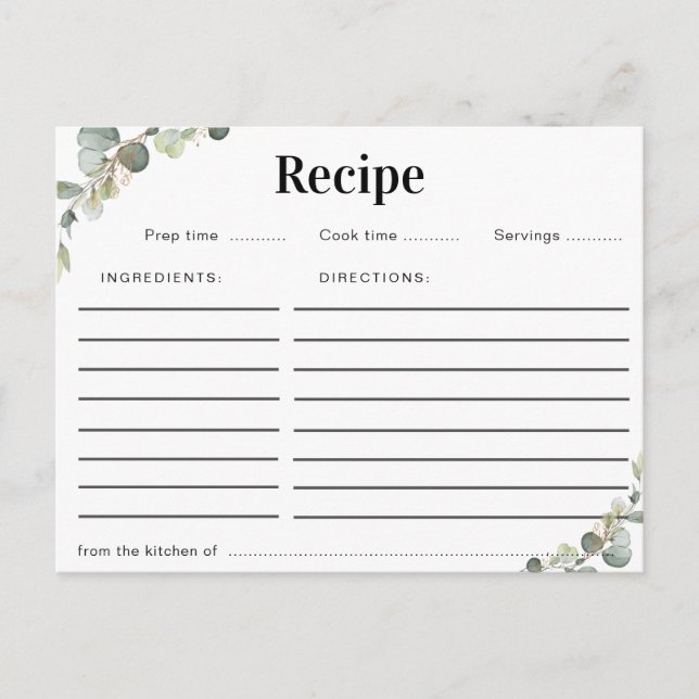 watercolor eucalyptus floral recipe card (Front)