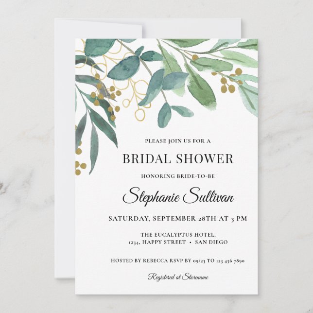 Watercolor Eucalyptus Foliage Bridal Shower Invita Invitation (Front)
