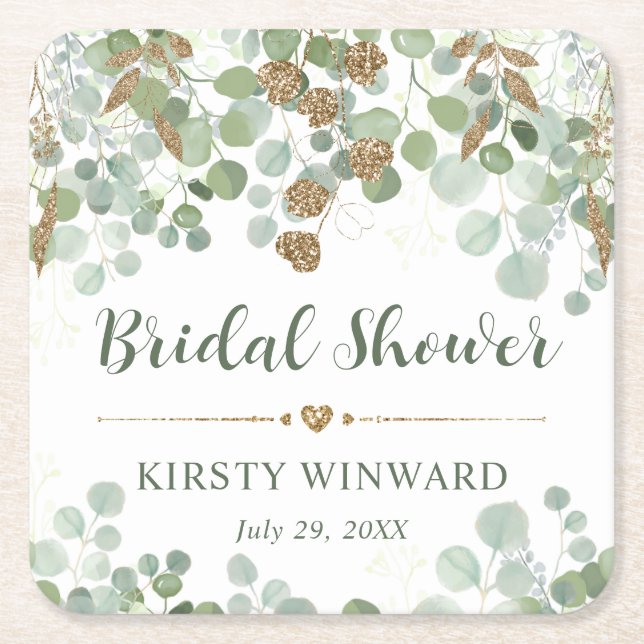 Watercolor Eucalyptus Foliage Bridal Shower Square Paper Coaster (Front)