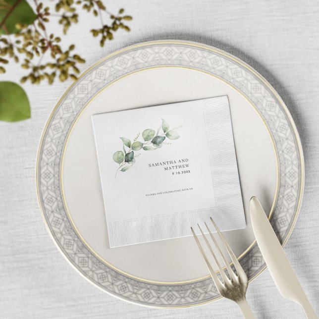 Watercolor Eucalyptus Foliage Wedding Shower Paper Napkin (Eucalyptus Greenery Minimalist Wedding Reception Custom Paper Napkin)
