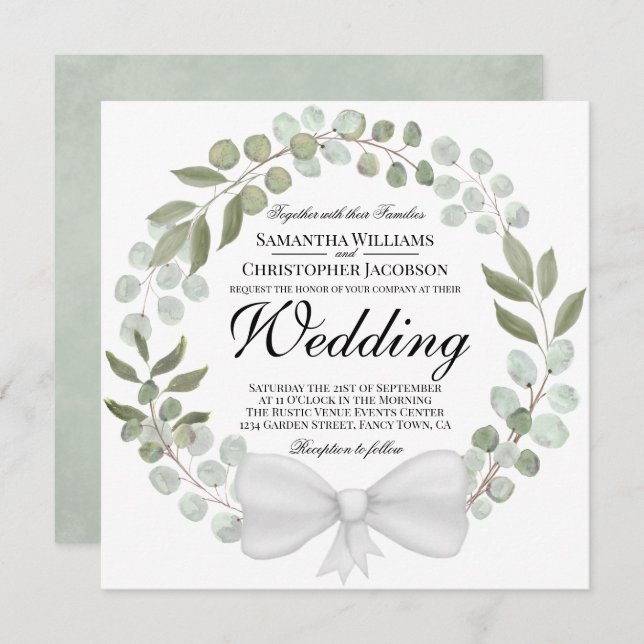 Watercolor Eucalyptus & Foliage Wreath Wedding Invitation (Front/Back)