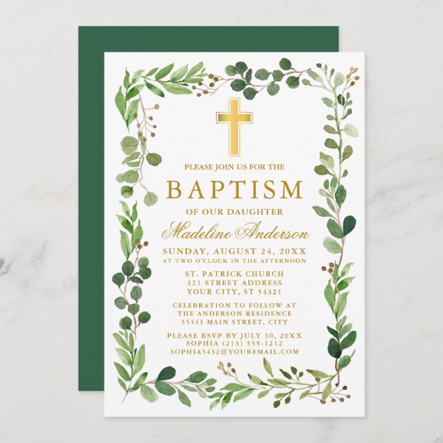 Watercolor Eucalyptus Frame Gold Baptism Invitation (Front/Back)