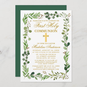 Watercolor Eucalyptus Frame Gold First Communion Invitation