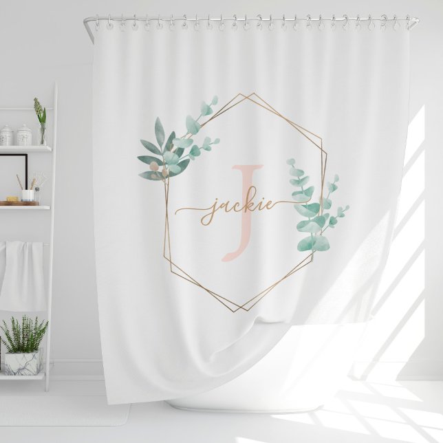 Watercolor Eucalyptus Frame Monogrammed Shower Curtain (Creator Uploaded)