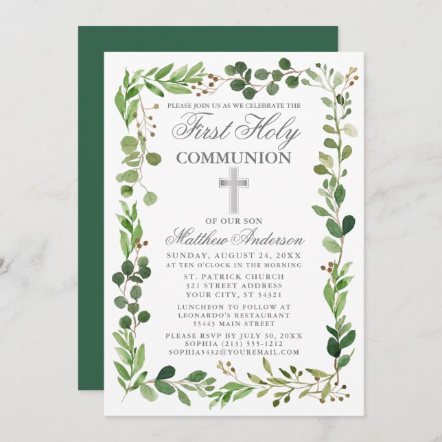 Watercolor Eucalyptus Frame Silver First Communion Invitation (Front/Back)