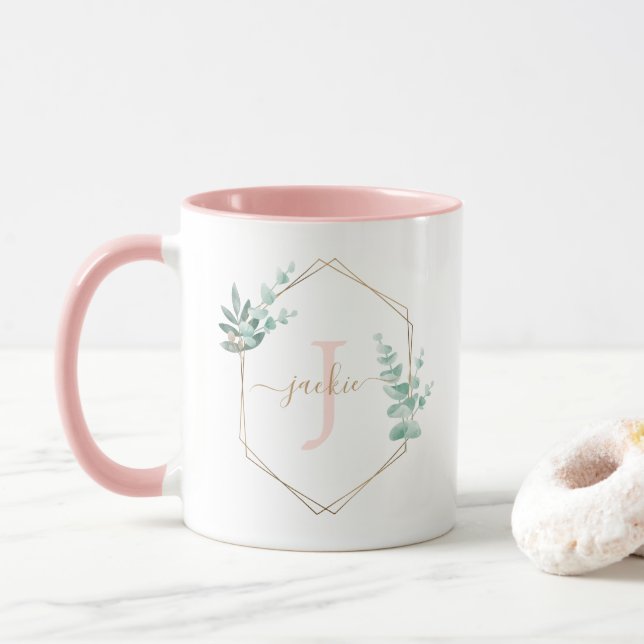 Watercolor Eucalyptus Framed Monogram Mug (With Donut)