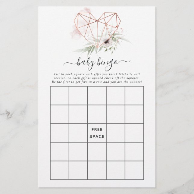 Watercolor Eucalyptus Geometric Baby Shower Bingo (Front)