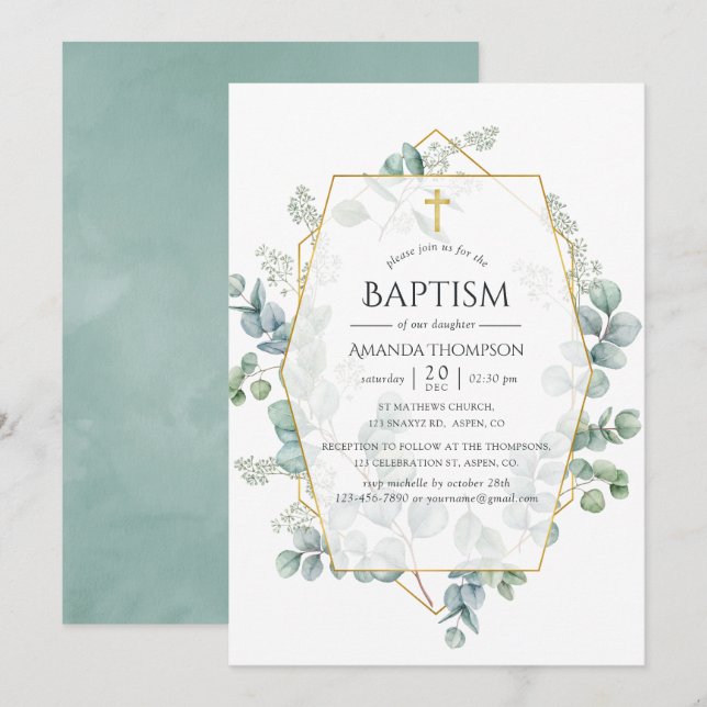 Watercolor Eucalyptus Geometric Baptism Invitation (Front/Back)