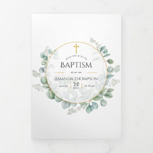 Watercolor Eucalyptus Geometric Baptism Photo Tri-Fold Card