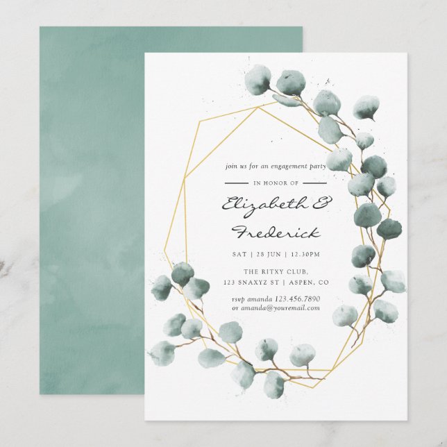 Watercolor Eucalyptus Geometric Engagement Party Invitation (Front/Back)