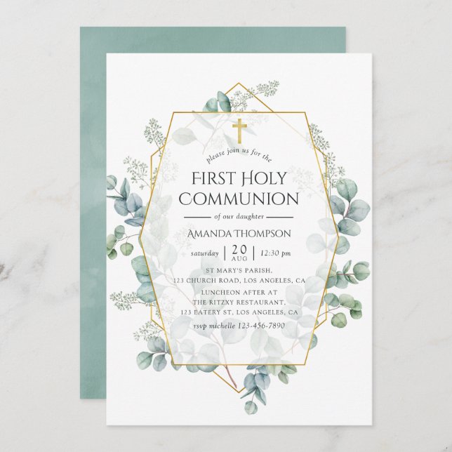 Watercolor Eucalyptus Geometric First Communion Invitation (Front/Back)