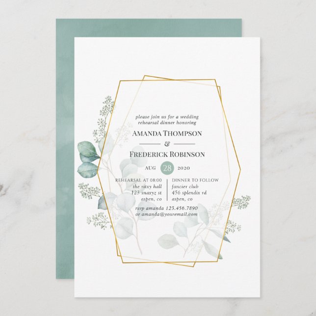 Watercolor Eucalyptus Geometric Rehearsal Dinner Invitation (Front/Back)