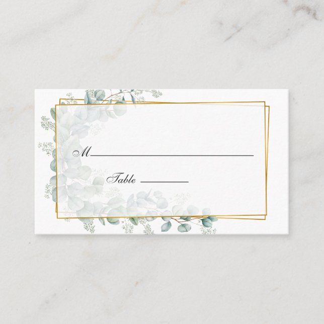 Watercolor Eucalyptus Geometric Wedding Place Card (Front)