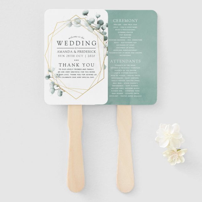 Watercolor Eucalyptus Geometric Wedding Program Hand Fan (Front and Back)