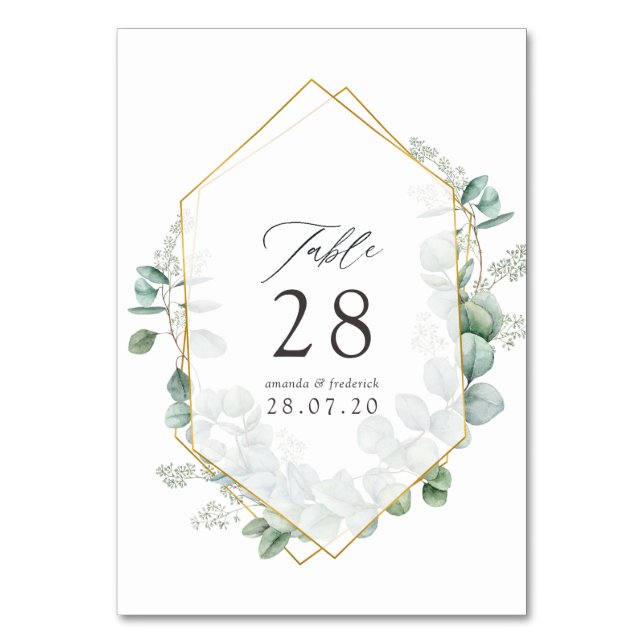 Watercolor Eucalyptus Geometric Wedding Table Number (Front)
