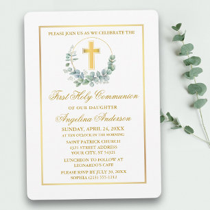 Watercolor Eucalyptus Gold First Communion Invitation