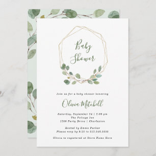 Watercolor Eucalyptus   Gold Geometric Baby Shower Invitation
