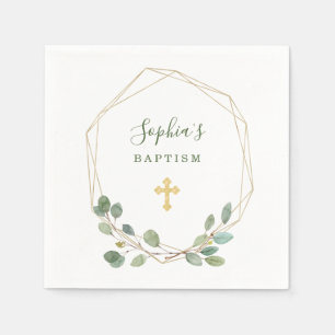 Watercolor Eucalyptus Gold Geometric Baptism Napkin