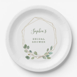 Watercolor Eucalyptus Gold Geometric Bridal Shower Paper Plate