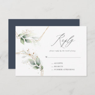 Watercolor eucalyptus gold geometric wedding reply RSVP card