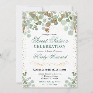 Watercolor Eucalyptus Gold Glitter Sweet 16 Invitation