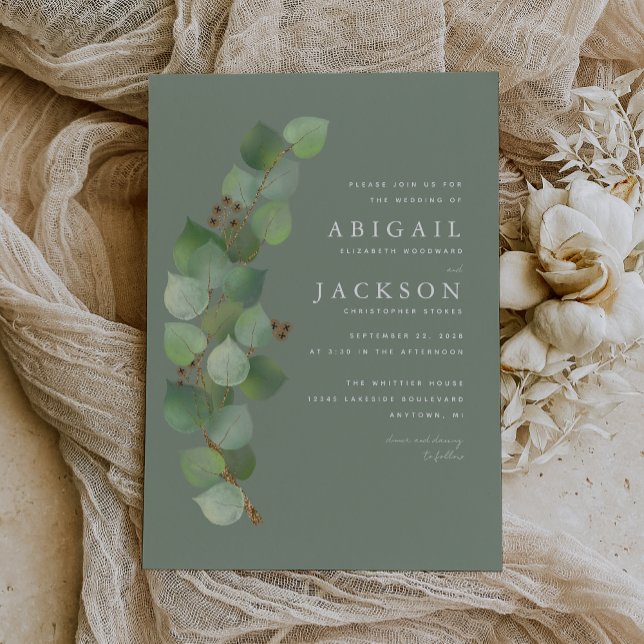 Watercolor Eucalyptus Gold Sage Green Wedding Invitation (The perfect choice for a eucalyptus themed wedding with a sage green color palette.)