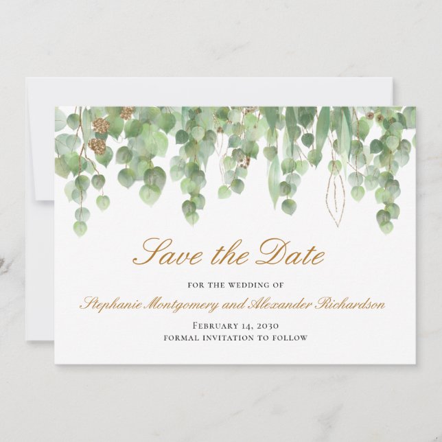 Watercolor Eucalyptus Gold Save Date Wedding Announcement (Front)