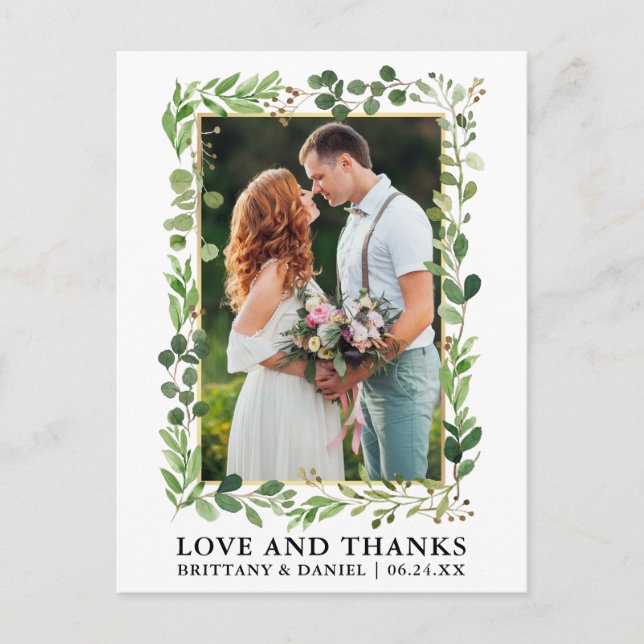 Watercolor Eucalyptus Gold Wedding Love Thanks Postcard (Front)