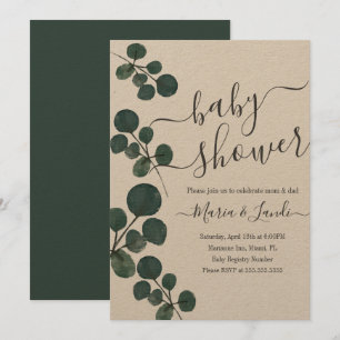 Watercolor Eucalyptus Green Baby Shower Kraft Invitation