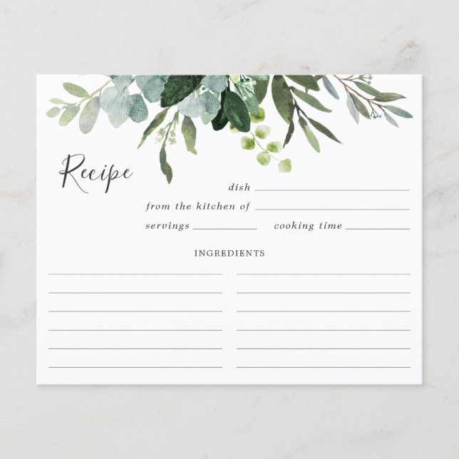 Watercolor Eucalyptus Green Foliage Recipe Card (Front)