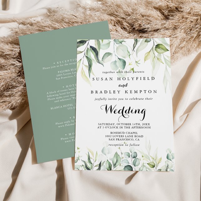 Watercolor Eucalyptus Green Front & Back Wedding  Invitation (Creator Uploaded)